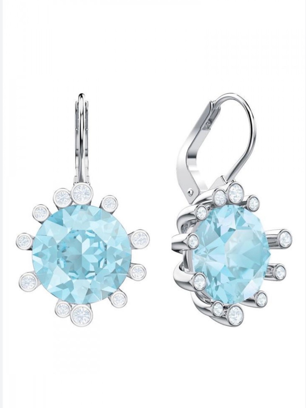 Swarovski Silver Light Blue Crystal Sunburst Drop Earrings